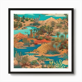 Cactus Desert, A Vibrant Collage Of Different Ecosystems Deserts Forests Oceans Seamlessly Blending Together Art Print