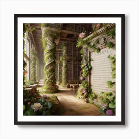 Library Of Books, Living Library: Botanical Bookshelves Whispering Wisdom 1 Art Print