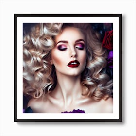 Beautiful Woman With Purple Roses Art Print