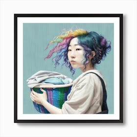 Asian Girl With Rainbow Hair Laundry Art Print