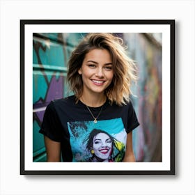 Confident Young Woman Smiles Wearing A Stylish T Shirt Mid Shot Vibrant Urban Background With Gra (3) Art Print