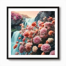 Waterfall With Pink Roses 1 Art Print