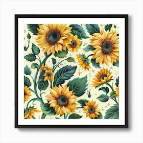 Sunflowers Green Leaves Art Print