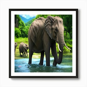 Elephants In The Water 1 Art Print