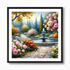 Roses In The Garden With The Fountain, Acrylic Style Painting 2 Art Print