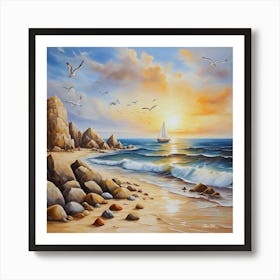 Oil painting design on canvas. Sandy beach rocks. Waves. Sailboat. Seagulls. The sun before sunset.46 Art Print