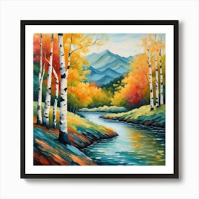 Nature Whisper: Serene River Journey Through a Birch Forest wall art. Art Print