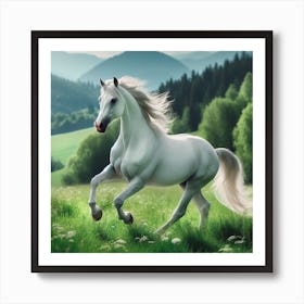 White Horse Galloping In The Meadow Art Print