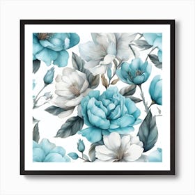 Watercolor Blue Flowers Seamless Pattern Art Print