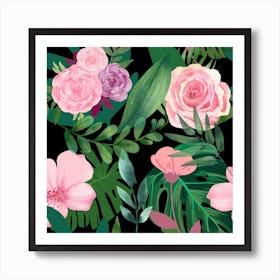 Pink Green Floral Jungle Art Print