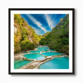 Stunning, high-resolution photo captures the natural beauty of Semuc Champey, Guatemala. A turquoise river meanders through a series of picturesque pools, 1 Art Print