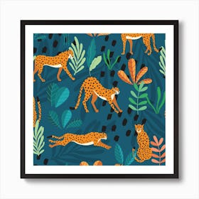 Tropical Cheetah Pattern On Green With Florals And Decoration Square Art Print