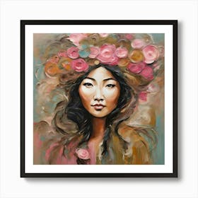 Asian Woman With Flowers Poster