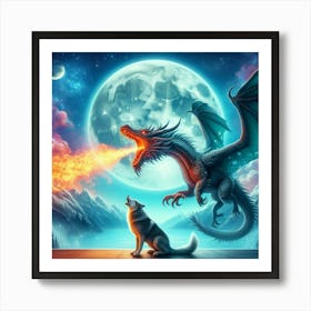 Fire Breathing Dragon and Wolf Art Print