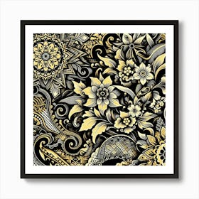 Batik, Black And Yellow Floral Pattern 3 Art Print