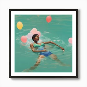 Woman With Green Blue Swimsuit Floating in Water Art Print