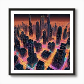 Illustration Of A City Skyline At Night Buildings Made Of Octagonal Fractal Patternneon Vibrant 682293568 (2) Art Print