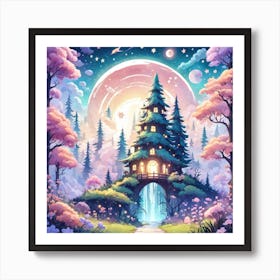 A Fantasy Forest With Twinkling Stars In Pastel Tone Square Composition 140 Art Print