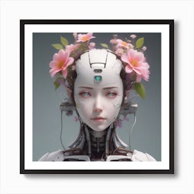 Robot Girl With Flowers Art Print