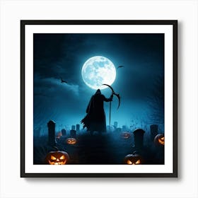 Reaper Silhouette Scythe Raised Against A Backdrop Of A Full Moon On Halloween Night With Wisps O (1) Art Print