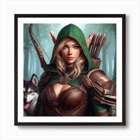 Elf Girl With Wolf Art Print