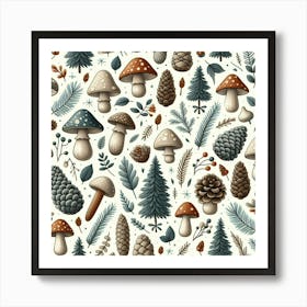 Scandinavian style, pattern with pine cones and mushrooms 3 Art Print