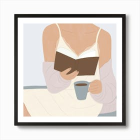 Woman Reading A Book With A Coffee Art Print