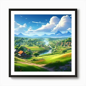 A Serene Village Landscape With Lush Green Fields And Colorful Houses Depicting The Picturesque Set(3) Art Print