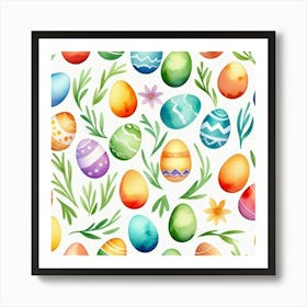 Pattern With Easter Eggs, Flowers And Leaves, In A Watercolor Painting Style Poster