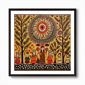 Madhubani Painting Indian Traditional Style Oil On Canvas, Brown Color Art Print