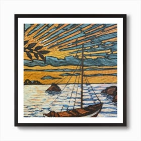 Oil painting of a boat in a body of water, woodcut, inspired by Gustav Baumann 10 Art Print
