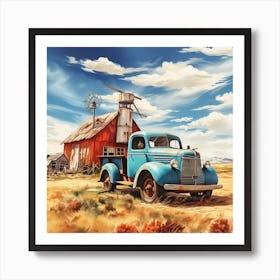 Blue Truck In The Countryside Art Print