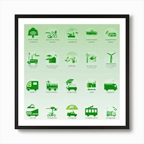 Collection Of Modern Transportation And Environmental Icons For Web Featuring Integrates A Flat Des Art Print