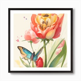 Tulip Rose With A Butterfly Standing On I Art Print