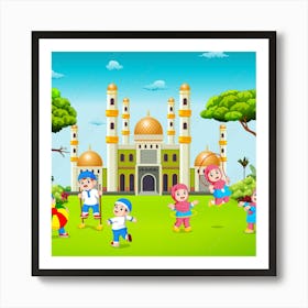 Children Playing In The Park With Mosque Art Print