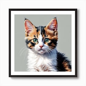 Calico Kitten Digital Watercolor Portrait Art Print