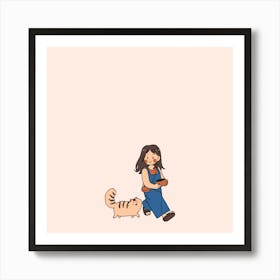 Cute Girl With Cat Art Print