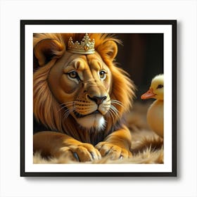 Regal Companions: A Lion and a Duckling Art Print