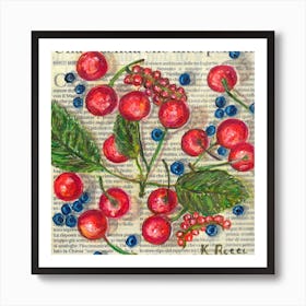 Cherries Blueberries Italian On Newspaper Summer Fruit Kitchen Painting For Wall Decor Art Print