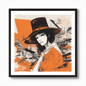 A Silhouette Of A Boy Wearing A Black Hat And Laying On Her Back On A Orange Screen, In The Style Of Art Print