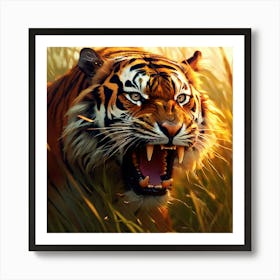 Abstract Expressionism Mean Tiger Charging At Camera In The Long Tan Grass Angry Teeth Showing Art Print