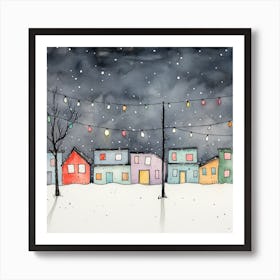 Watercolor Christmas Town Lights Art Print