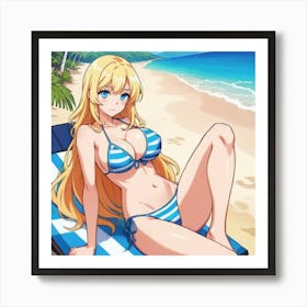 Anime Girl In Blue Bikini Sitting On Beach Art Print