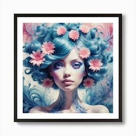 Blue Haired Girl With Flowers Art Print