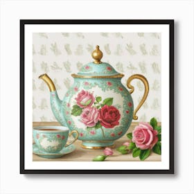 A very finely detailed Victorian style teapot with flowers, plants and roses in the center with a tea cup 18 Art Print