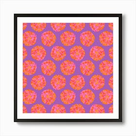 CHRYSANTHEMUMS Multi Abstract Polka Dot Floral Summer Bright Flowers in Fuchsia Pink Orange Yellow on Violet Purple Art Print