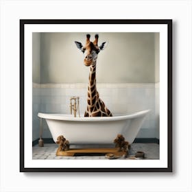 Giraffe In Bathtub 1 Art Print