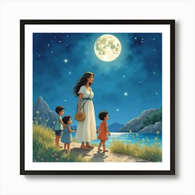 Watercolor Leto And Her Children Under A Greek Moonlight 1 Art Print