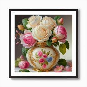 Antique fuchsia jar filled with purple roses, willow and camellia flowers 6 Art Print
