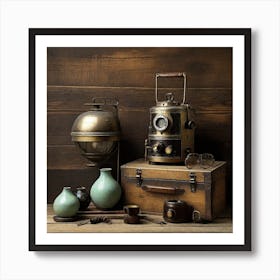 Still life photography of vintage objects on rustic wood Art Print